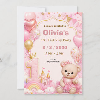 Invitación de cumpleaños número uno rosa linda