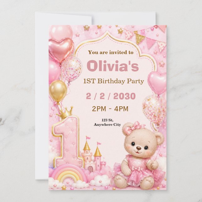 Invitación de cumpleaños número uno rosa linda (Anverso)