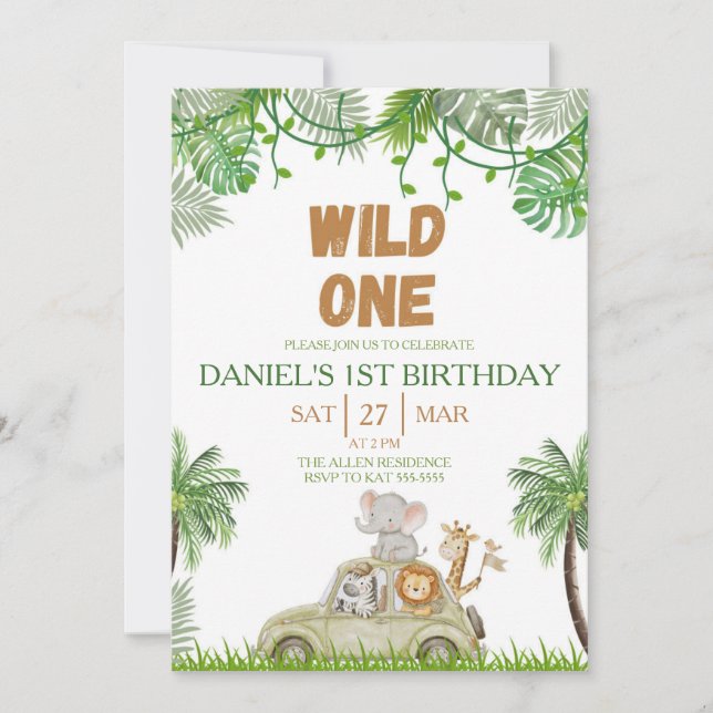 Invitación de cumpleaños número uno safari jungla  (Anverso)