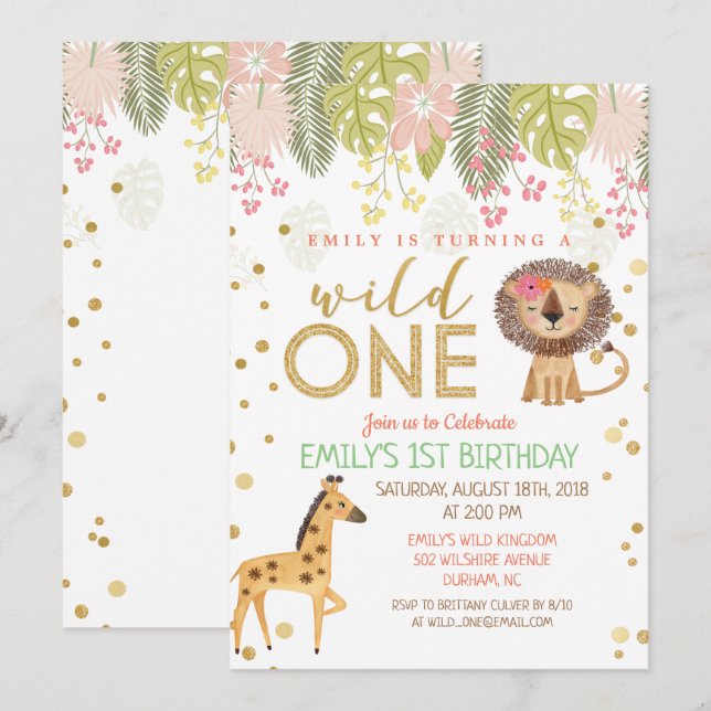 Invitación de cumpleaños número uno salvaje niña (Anverso / Reverso)