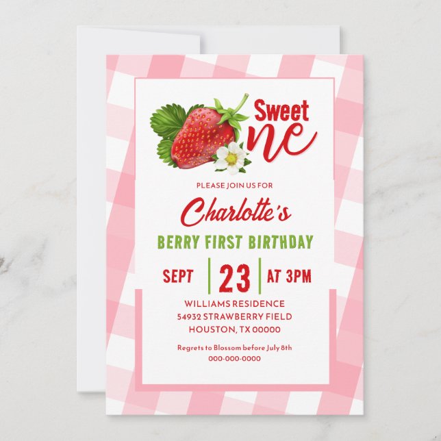 Invitación de cumpleaños número uno Strawberry Swe (Anverso)