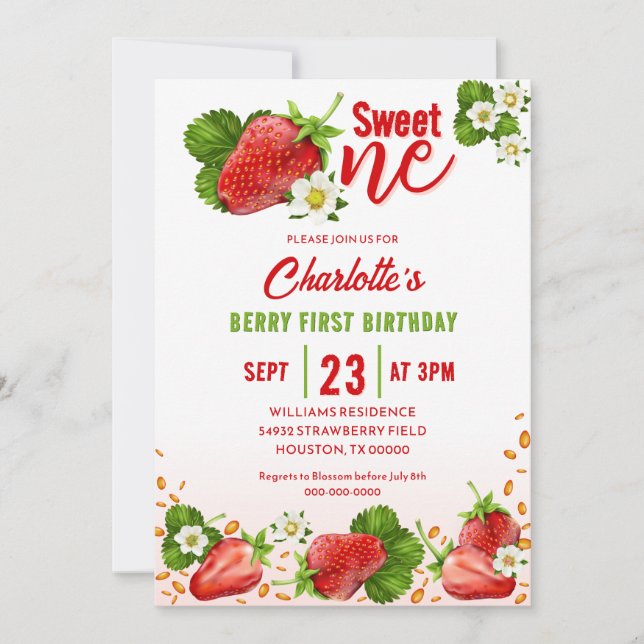 Invitación de cumpleaños número uno Strawberry Swe (Anverso)