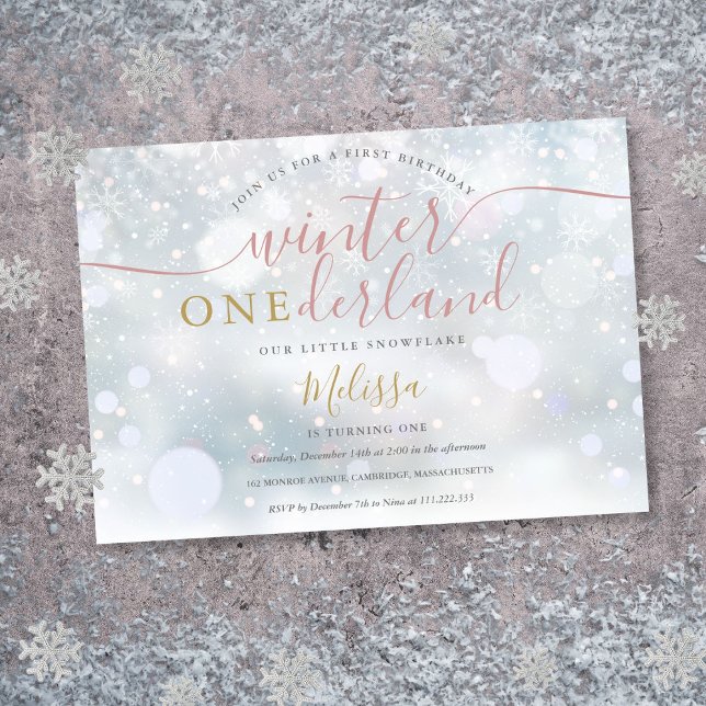 Invitación de cumpleaños número uno Winter Onederl (Winter Onederland Pink And Gold 1st Birthday Invitation)