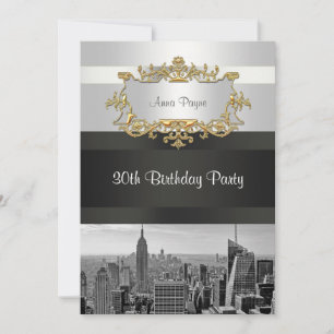 Invitación de cumpleaños NYC Skyline BW 05 Blanco,