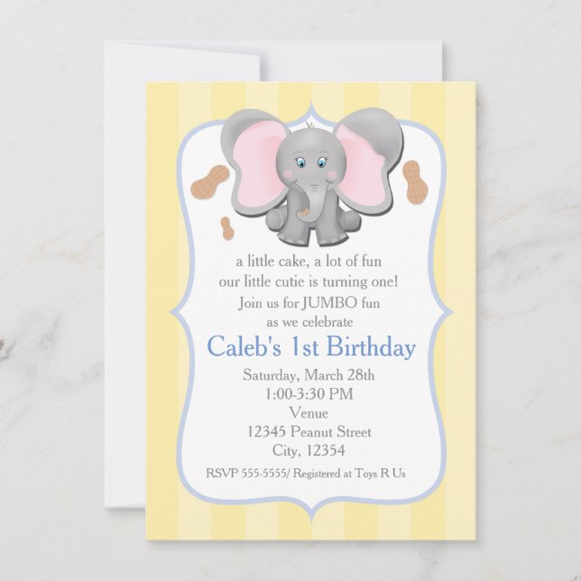 Invitación de cumpleaños o baby shower de elefante (Anverso)