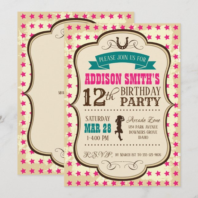 Invitación de cumpleaños occidental de Cowgirl (Anverso / Reverso)