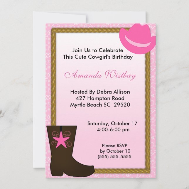 Invitación de cumpleaños occidental de Cowgirl (Anverso)
