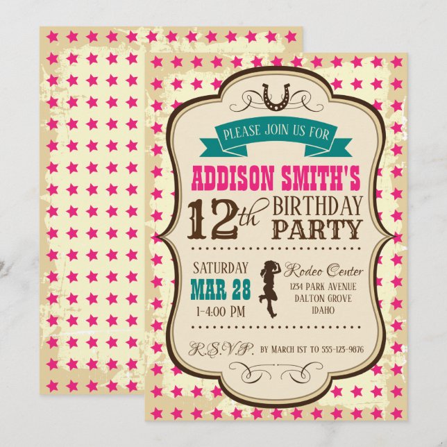 Invitación de cumpleaños occidental de Cowgirl (Anverso / Reverso)