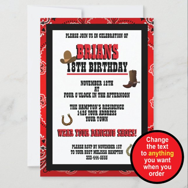 Invitación de cumpleaños occidental de paisley roj (Subido por el creador)
