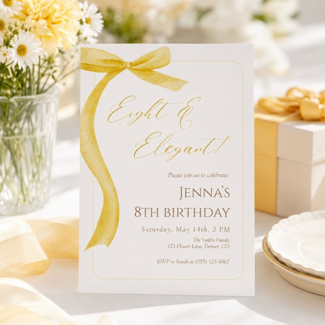 Invitación de cumpleaños octavo con lazo amarillo (Subido por el creador)
