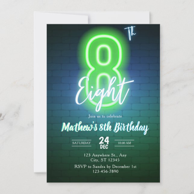 Invitación de cumpleaños octavo de neón (Anverso)