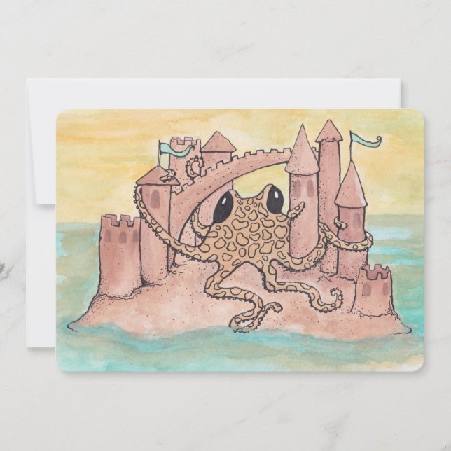 Invitación de cumpleaños Octopus y Sandcastle (Anverso)