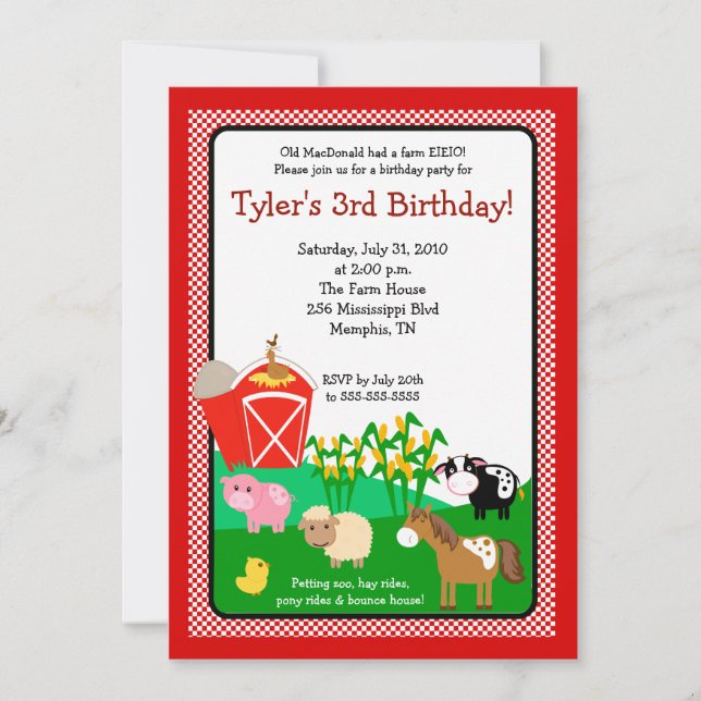 Invitación de cumpleaños Old MacDonald Farm EIEIO  (Anverso)