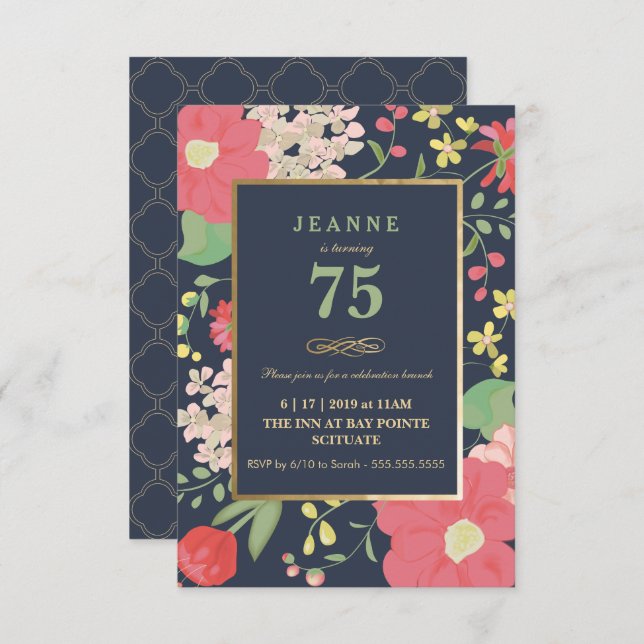 Invitación de cumpleaños - Oro, elegancia floral (Anverso / Reverso)