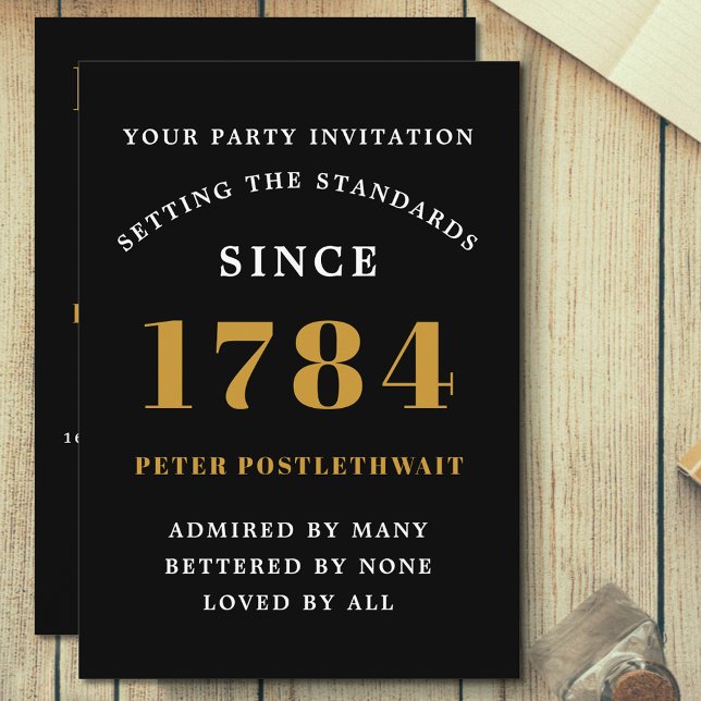 Invitación de cumpleaños Oro negro cualquier año p (Any age birthday invitation in black and gold with easily edited text.)