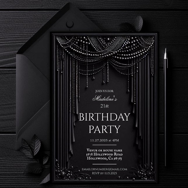 Invitación de cumpleaños oscuro de lujo, negro gót (Luxury Dark Birthday Invitation Template, Modern Black Elegant Birthday Party, Glam Chic Black Evite)