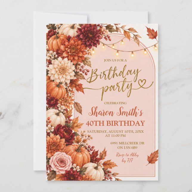 invitación de cumpleaños otoñal boho rústico (Anverso)