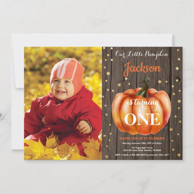 Invitación de cumpleaños otoñal de calabaza rústic (Anverso)