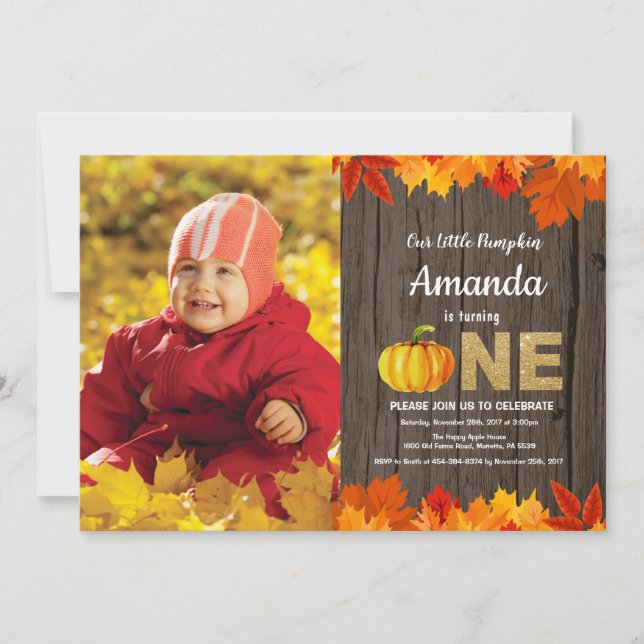Invitación de cumpleaños otoñal de calabaza rústic (Anverso)