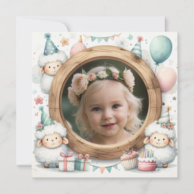 Invitación de cumpleaños Oveja Marco para Foto (Anverso)