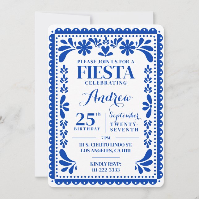 Invitación de Cumpleaños Papel Picado Fiesta Azul (Anverso)
