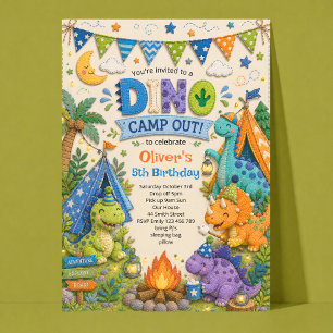 Invitación de cumpleaños para acampada de dinosaur