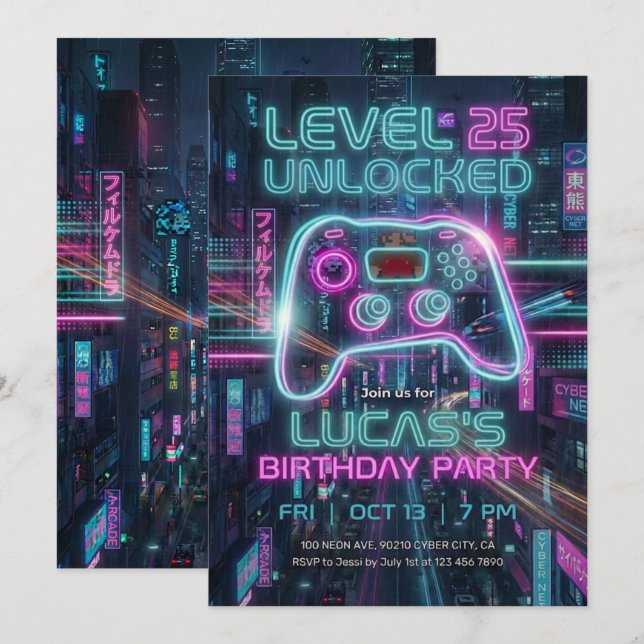 Invitación de cumpleaños para adolescente jugador  (Anverso / Reverso)