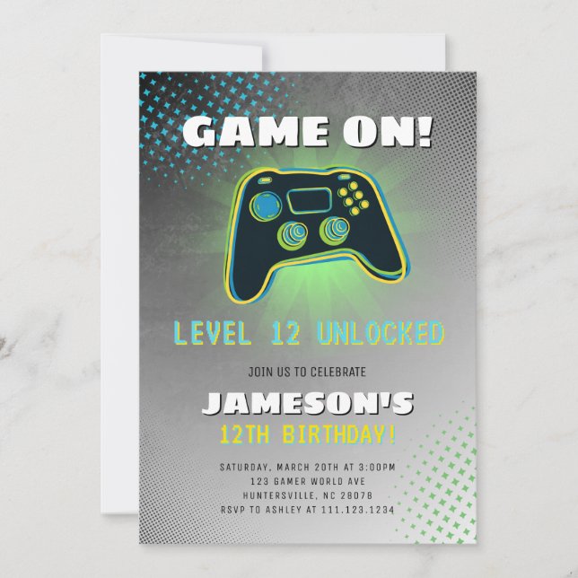 Invitación de cumpleaños para adolescente jugador  (Anverso)