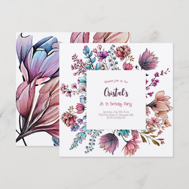Invitación de cumpleaños para adultos con flores d (Anverso / Reverso)