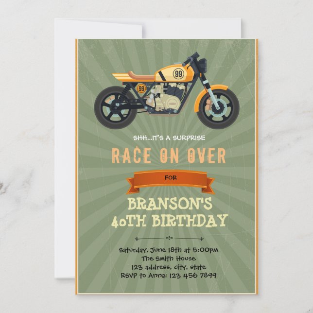 Invitación de cumpleaños para adultos de moto de v (Anverso)