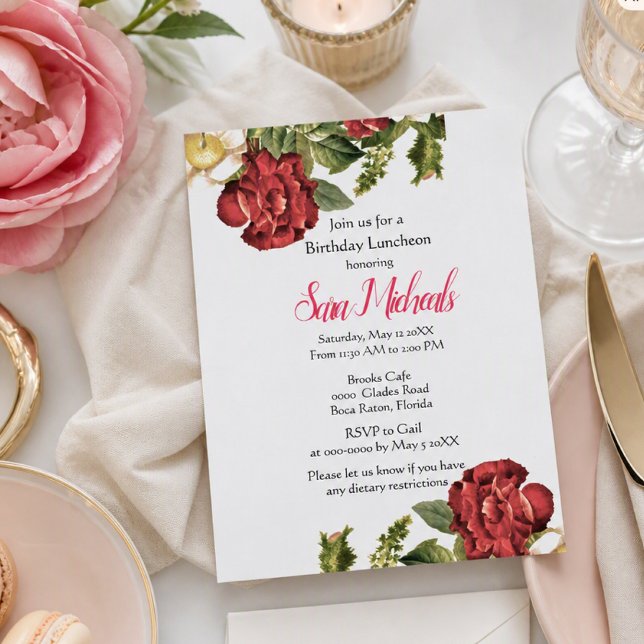 Invitación de cumpleaños para almuerzo de rosa roj (Subido por el creador)