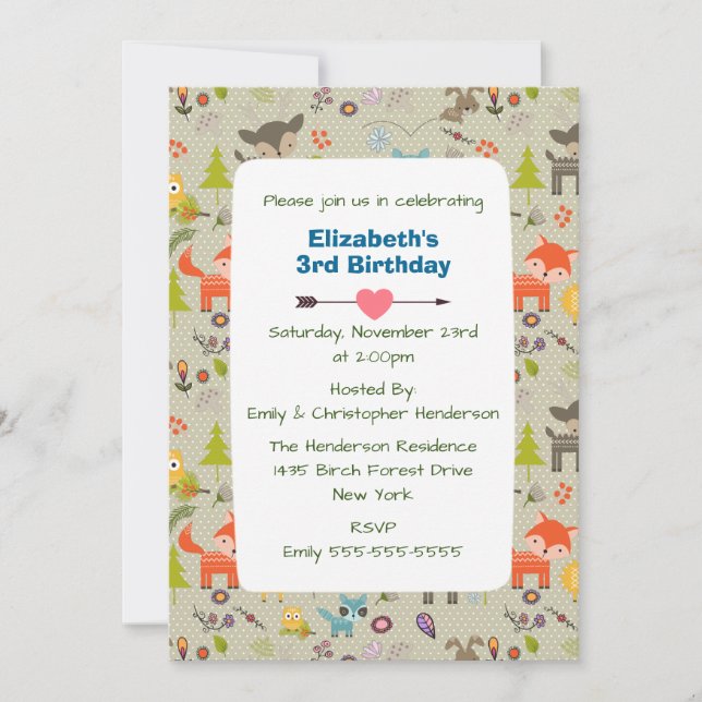 Invitación de cumpleaños para animales de bosque y (Anverso)