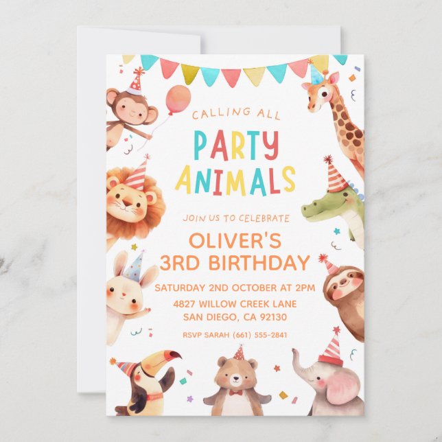 Invitación de cumpleaños para animales de fiesta (Anverso)