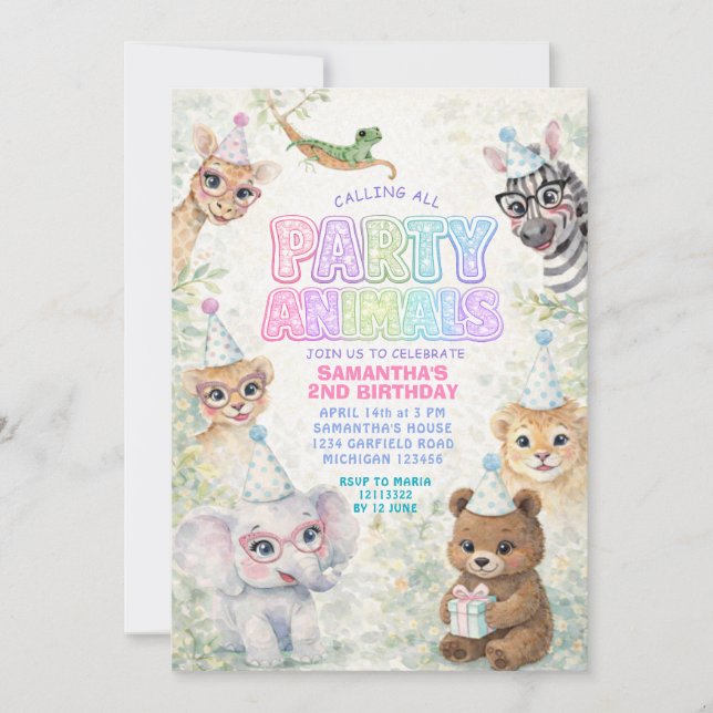 Invitación de cumpleaños para animales de fiesta | (Anverso)