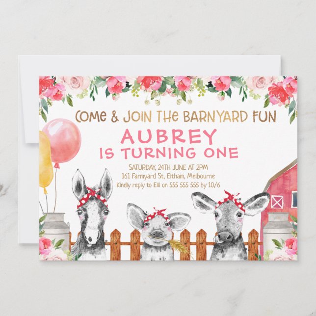 Invitación de cumpleaños para animales de granja d (Anverso)