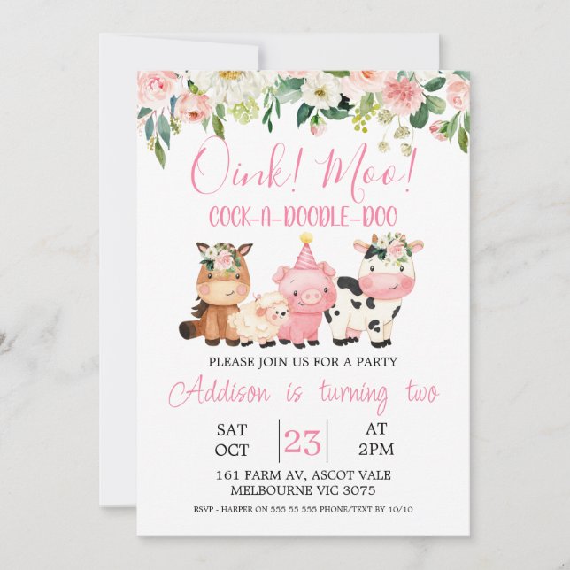 Invitación de cumpleaños para animales de granja f (Anverso)