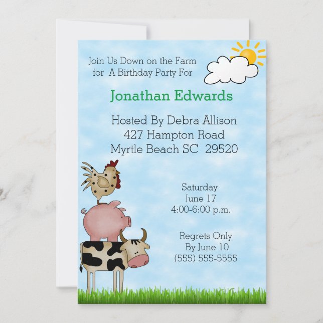 Invitación de cumpleaños para animales de granja i (Anverso)