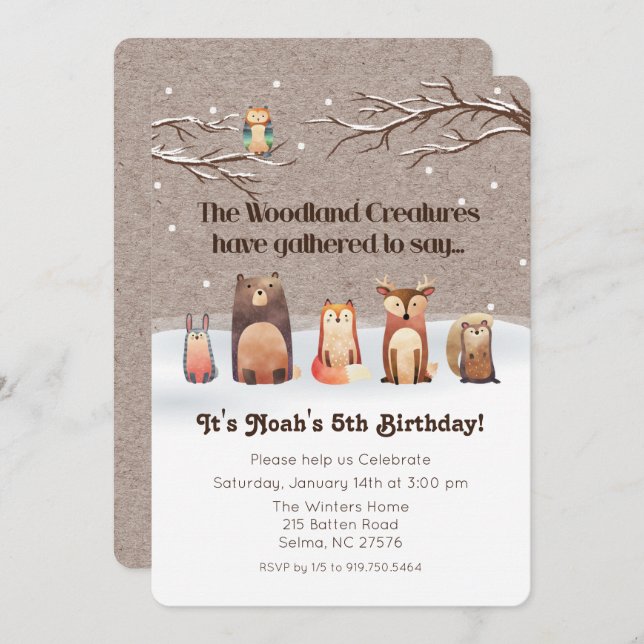 Invitación de cumpleaños para animales de Woodland (Anverso / Reverso)