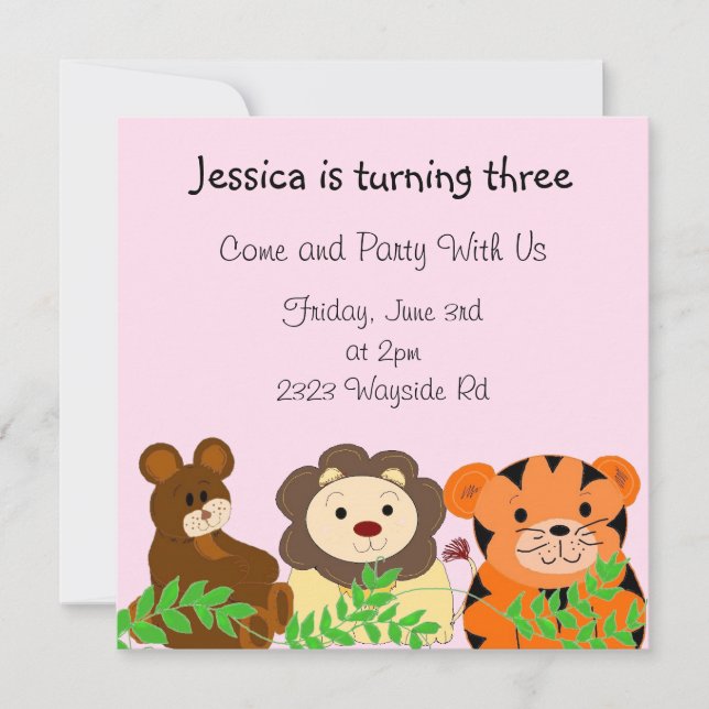 Invitación de cumpleaños para animales de zoológic (Anverso)