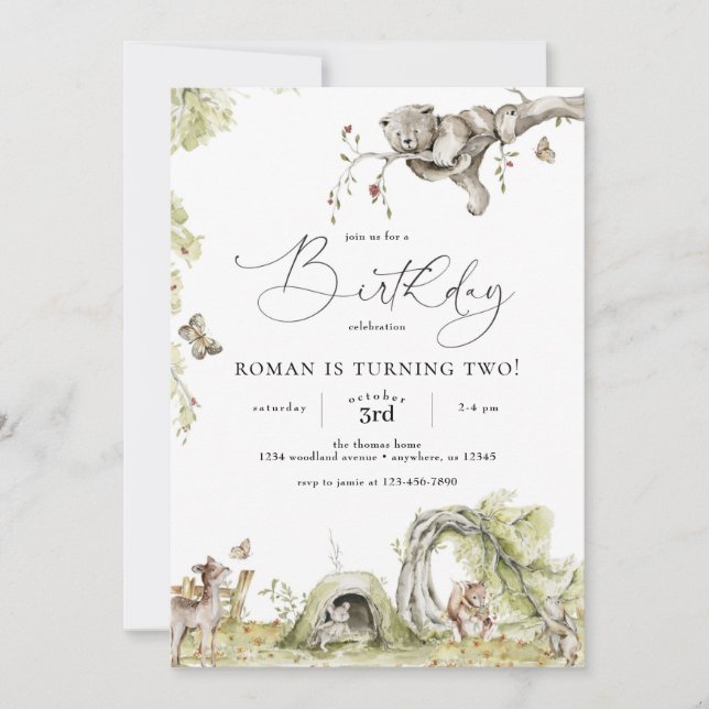Invitación de cumpleaños para animales del bosque  (Anverso)