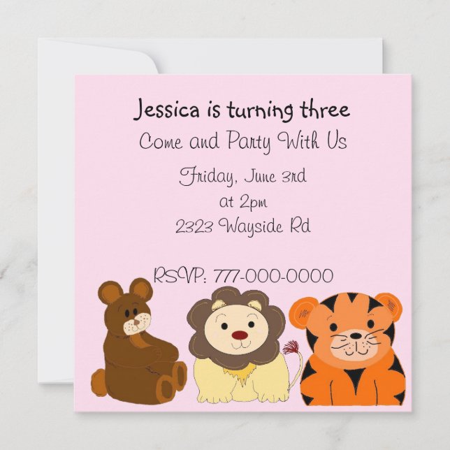 Invitación de cumpleaños para animalitos lindos (Anverso)