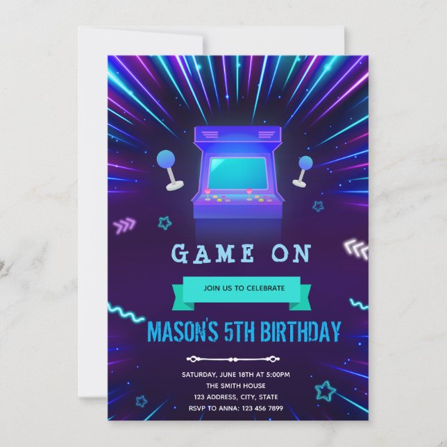 invitación de cumpleaños para arcade de neón (Anverso)