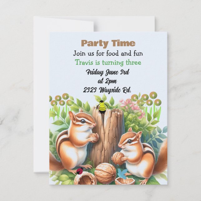 Invitación de cumpleaños para ardillas y amigos (Anverso)