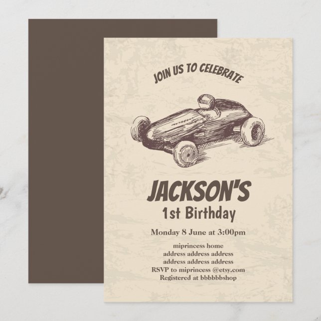 invitación de cumpleaños para autos de carrera (Anverso / Reverso)