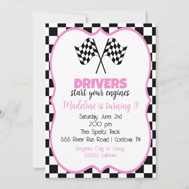 Invitación de cumpleaños para autos de raza rosada (Anverso)
