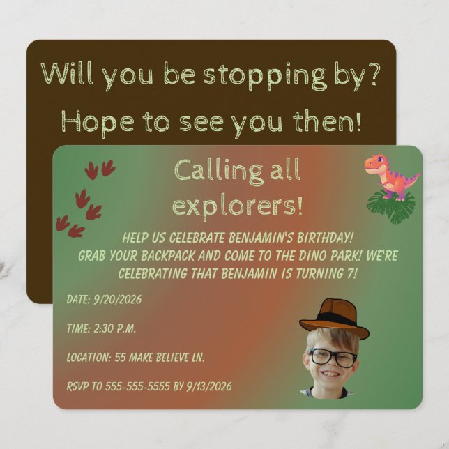 Invitación de cumpleaños para aventura de dinosaur (Anverso / Reverso)