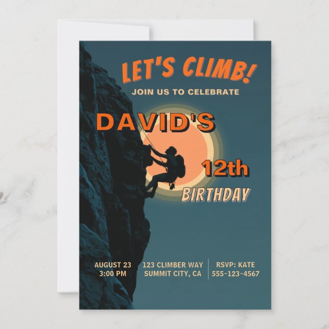 Invitación de cumpleaños para aventura de escalada (Anverso)