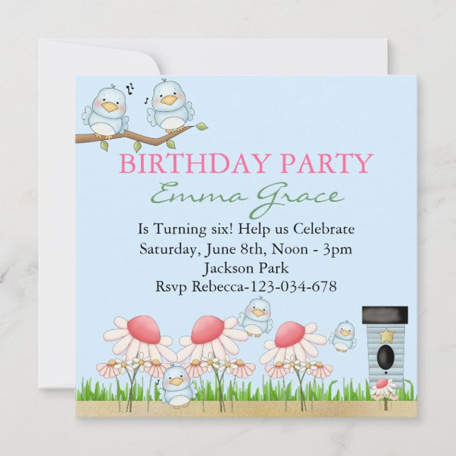 Invitación de cumpleaños para aves azules (Anverso)