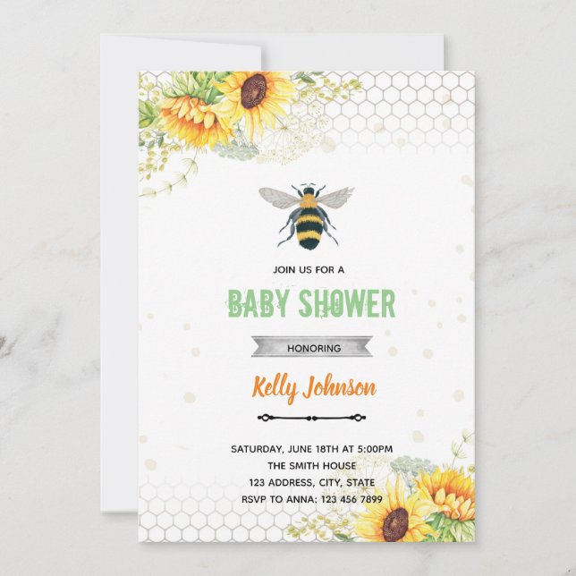 invitación de cumpleaños para baby shower de abeja (Anverso)