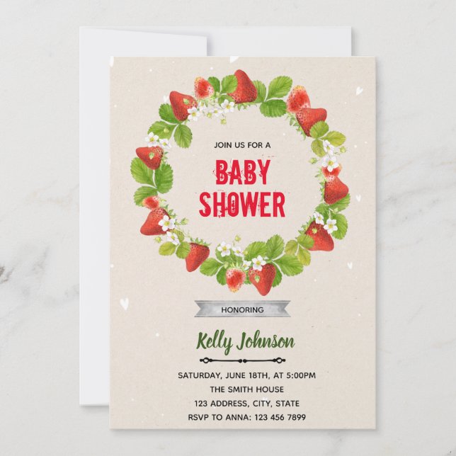 invitación de cumpleaños para baby shower de fresa (Anverso)